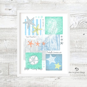 Beach Treasure Art Print - Coastal Collage Design Textured Sea Blue/Green Denim Patches Seahorse Sand Dollar Starfish Beach Decor Tropical