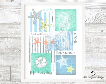 Coastal Collage Art Print: Sea Life, Beach Decor