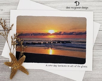 Sunrise Birthday Card: Handmade Watercolor Beach Seascape (Personalize)