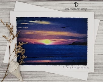 Sunset Anniversary Card: Handmade Watercolor Seascape, Coastal Love
