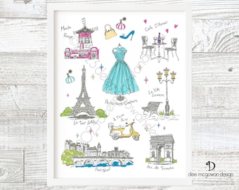 Whimsical Paris Art Print: Retro Eiffel Tower Illustration