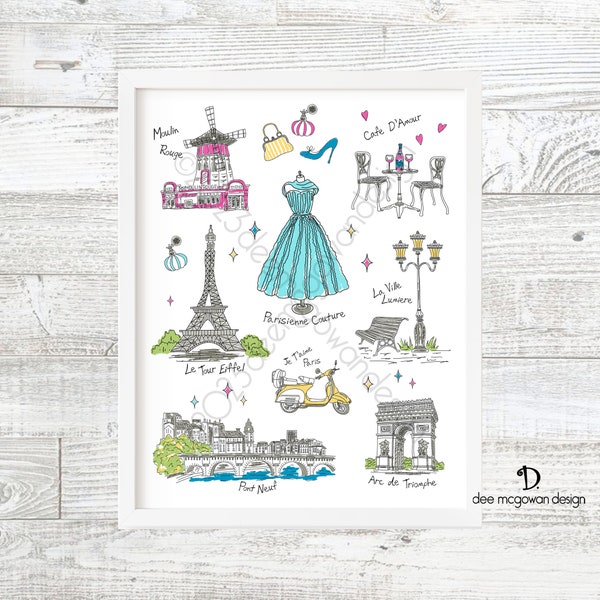 Whimsical Paris Art Print - Novelty Whimsical Retro 60's Hand Drawn Design Couture Eiffel Tower Moulin Rouge Pont Neuf Cafe Vespa