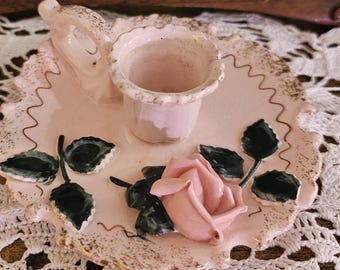 Vintage Lefton Candlestick Holder with Handle and Pink Rose, Gold Detailing - MCM Ceramic