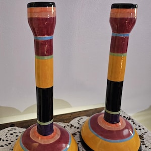 Vintage Memphis Style Striped Ceramic Taper Candle Holders - Pair - Hand Painted,  Multicolored Signed by Artist - Postmodern Studio Pottery