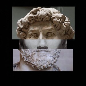 Può includere: Un primo piano di un busto in marmo bianco di un uomo con la barba e i capelli ricci. Il busto è rotto a metà, con la metà superiore che mostra la testa e le spalle, e la metà inferiore che mostra la barba e il petto.