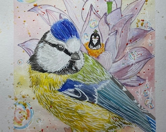 Illustration d’aquarelle de mésange bleue eurasienne, illustration d’oiseau bleu, peinture d’oiseau, peinture fantastique, illustration d’aquarelle, art de mur