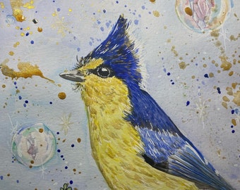 Oiseau jaune-bleu, oiseau magique, art d’oiseau, aquarelle d’oiseau, peinture d’oiseau, petit pingouin, art original, œuvre d’art fantastique, pierres précieuses, bulles