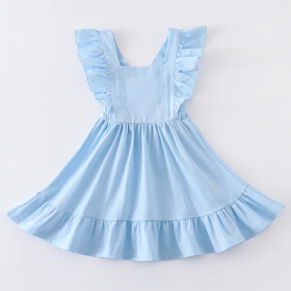 Spring Easter Flutter Ruffle Dress in Blue. Girls Toddler Summer Dress. Ruffle Twirl Dress. Blue Dress.