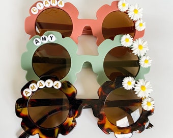 Neutral Sunflower Personalized Sunglasses. Girls Personalized Gift. Flower Girl Gift. Young Wild and Three. Easter Basket Filler.