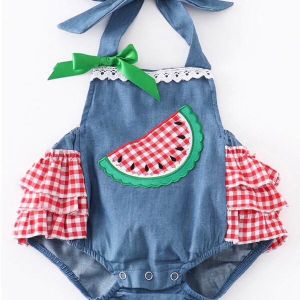 Tinley Toddler Blue Watermelon Ruffle Romper with Lace Accent