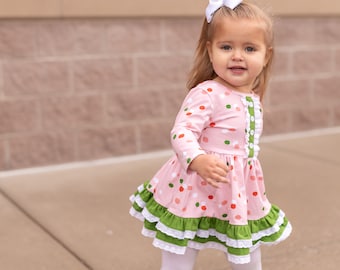 Pink Green Polka Dot Ruffle 3/4 Sleeve Dress. Girls Ruffle Dress. Toddler Valentines Day Dress. Girls Vintage Short Dress