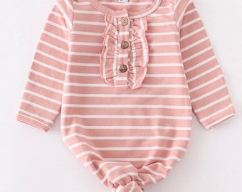 Pink Striped Tie Bottom Ruffle Baby Gown and Hat