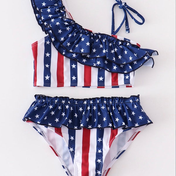 Girls Patriotic Stars and Stripes Two Piece Swimsuit. Girls Fourth of July Swimsuit. Toddler 4th of July Bathing Suit. Ruffle Bikini.