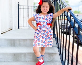 Girls Fourth of July Dress. Ruffle 4th of July Dress. Toddler 4th of July Outfit. Girls Patriotic Dress. USA Heart Dress.