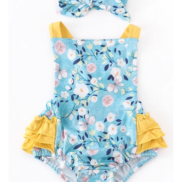 Teal and Yellow Floral Ruffle Butt Toddler Romper Baby Bubble.
