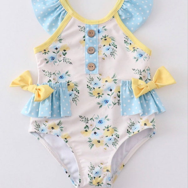 Blue and Yellow Floral Ruffle Bow Swimsuit. Girls Toddler Bathing Suit Swimsuit. One Piece Swimsuit. Girls Swimwear. Ruffle Swimsuit.