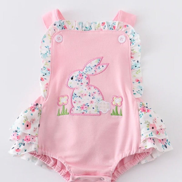 Baby Toddler Pink or Blue Floral Bunny Romper with Ruffle Butt. Baby Girl Spring Easter Outfit. Baby Easter Outfit. Easter Gift Basket