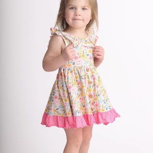 Charley Rose Co Brand Girls Floral Ruffle Scoop Neck Spring Summer Ruffle Dress. Easter Dress. Floral Ruffle Pink Dress. Toddler Dress. image 1