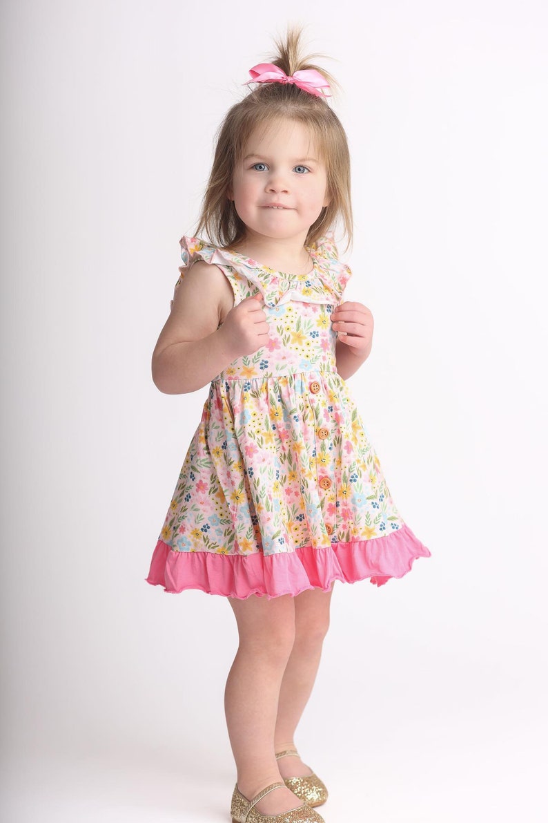 Charley Rose Co Brand Girls Floral Ruffle Scoop Neck Spring Summer Ruffle Dress. Easter Dress. Floral Ruffle Pink Dress. Toddler Dress. image 1