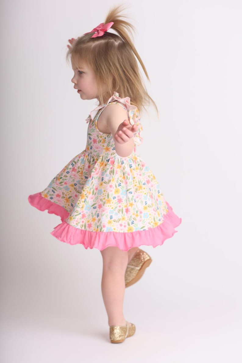 Charley Rose Co Brand Girls Floral Ruffle Scoop Neck Spring Summer Ruffle Dress. Easter Dress. Floral Ruffle Pink Dress. Toddler Dress. image 8