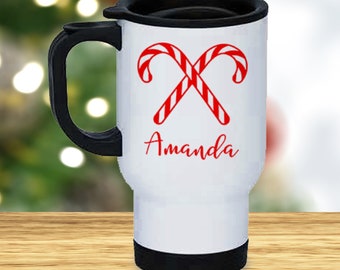 Custom Candy Cane Travel Mug | Christmas Travel Coffee Mug | Personalized Candy Cane Travel Mug | Christmas Travel Mug | Custom Travel Mug
