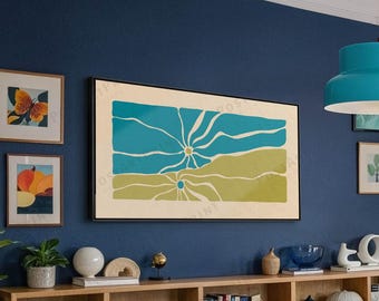 Mid Century Flowers Wall Art: Horizontal Blue and Green Botanical Framed Canvas