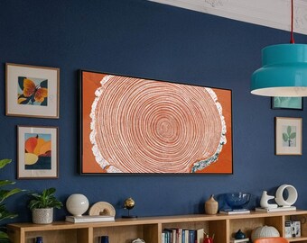 Tree Ring Framed Wall Art: Orange Abstract Horizontal Above Bed Decor