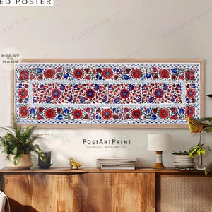 Horizontal Framed Canvas, Long Horizontal Tapestry Art, Suzani Wall Art, Long Narrow Wide Art, Antique Floral Art, Panoramic Framed Poster