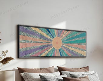 Horizontal Framed Sun Wall Art: Retro Boho Panoramic Above Bed Decor
