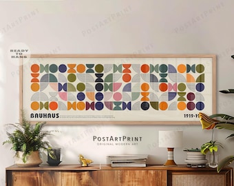 Mid Century Modern Bauhaus Art: Long Horizontal Framed Canvas