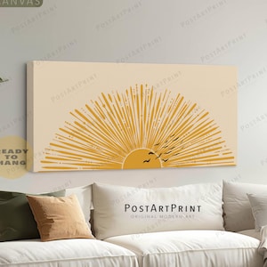 Horizontal Wall Art, Birds Fly at Sunset, Retro Sunburst, Large Framed Canvas, Boho Yellow Sun Poster, Long Narrow Wide Art, Above Bed Decor