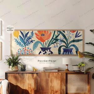 Flower Vase Poster, Horizontal Wall Art, Large Framed Canvas, Mid Century, Panoramic Above Bed Art, Wide Art, Framed Art, Long Narrow Decor