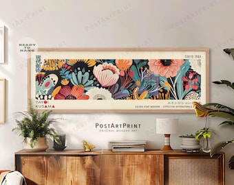 Japanese Exhibition Poster: Yayoi Kusama Inspired Mid Century Flowers, Framed Japandi Wall Art