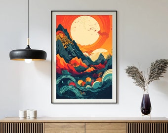 Retro Psychedelic Mountain and Sun Art, 1970's Poster, Boho Wall Art, Psychedelic Art Print, Minimalist Bohemian Art, Modern Original Art