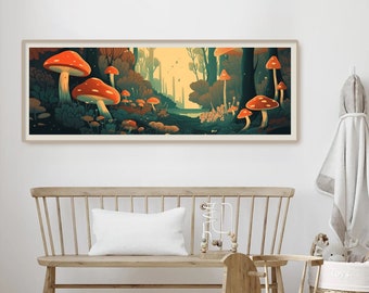 Long Horizontal Mystical Forest Wall Art, Fairytale Woodland Mushroom Print, Panoramic Red Mushroom Art, Fungi Large Poster, Long Narrow Art