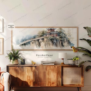 Horizontal Wall Art, Panoramic Above Bed Decor, Large Framed Canvas, Wide Art Print, Japanese Watercolor Landscape, Oversize Framed Poster