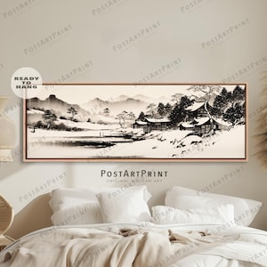 Horizontal Wall Art, Japanese Ink Art, Large Framed Canvas, Panoramic Above Bed Decor, Wide Art, Oversize Framed Poster, Japanese Snow Print