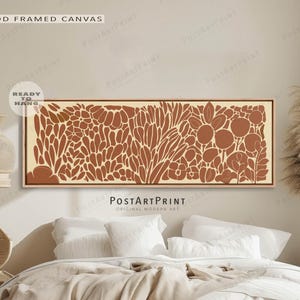 Midcentury Modern Flowers, Horizontal Wall Art, Panoramic Above Bed Decor, Terracotta Floral Art, Long Narrow Wide Art, Botanical Framed Art