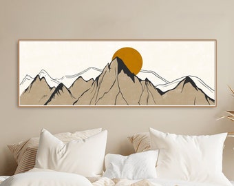 Minimalist Mountain, Long Horizontal Line Mountain Art, Boho Sun, Long Narrow Poster, Wide Art Large High Quality Print, Printed and Shipped