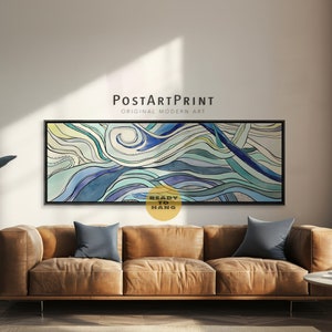 Horizontal Wall Art, Large Framed Canvas, Wide Art Print, Above Bed Decor, Blue Watercolor Abstract Wall Art, Large Art Print, Panoramic Art