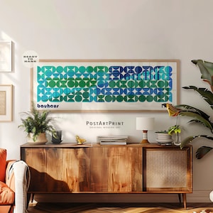 Bauhaus Framed Wall Art, Abstract Long Horizontal, Blue and Green Colorful Exhibition Poster, Long Narrow Art, Wide Art, Large Framed Canvas