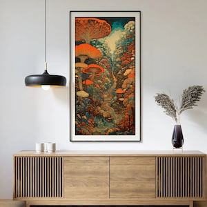 Retro Psychedelic Poster, Long Narrow Decor, 70s Mushroom Art, Vintage Decor, 1970s Wall Art, Boho Wall Art, Wide Art Print, Magic Mushroom
