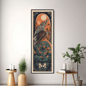 Long Vertical Wall Art, Block Print Style, Wide Art Print, Vertical Painting, Mystical Celestial Gothic Art,  Landscape, Moonlight Wall Art