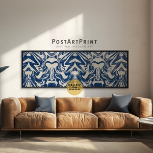 Horizontal Wall Art, Large Framed Canvas, Wide Art Print, Above Bed Decor, Blue Abstract Wall Art, Panoramic Wall Art, Long Narrow Decor