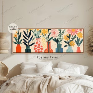 Horizontal Wall Art, Large Framed Canvas, Mid Century, Flower Vase Poster, Panoramic Above Bed Art, Wide Art Framed Art, Long Narrow Decor
