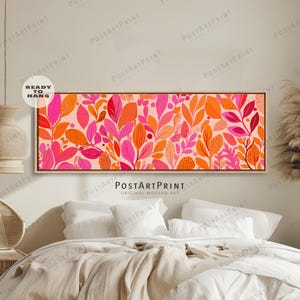 Horizontal Flowers Wall Art: Orange & Pink Botanical Above Bed Decor