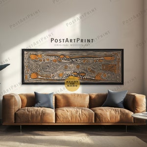 Aboriginal Art Framed Canvas: Lino Cut Panoramic Above Bed Decor