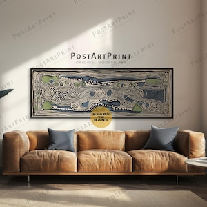 Horizontal Framed Art, Panoramic Above Bed Decor, Large Framed Canvas, Aboriginal Art, Wide Art Print, Long Narrow Poster, Lino Cut Line Art