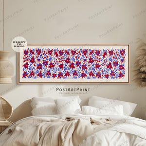 Horizontal Framed Canvas, Long Horizontal Tapestry Art, Suzani Wall Art, Long Narrow Wide Art, Antique Floral Art, Panoramic Framed Poster