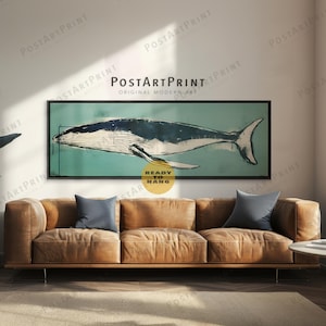 Horizontal Wall Art, Long Narrow Whale Poster, Large Framed Canvas, Navy Blue Art, Wide Art Print, Panoramic Above Bed Decor, Framed Poster